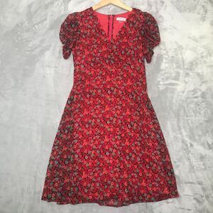 Calvin Klein Dress Womens 4 Red Pink Floral Fit & Flare V Neck Short Sleeve
